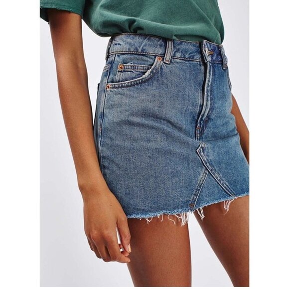 Topshop Moto Cutoff Distressed Pockets Frayed Hem Cotton Denim Mini Skirt - Picture 1 of 10